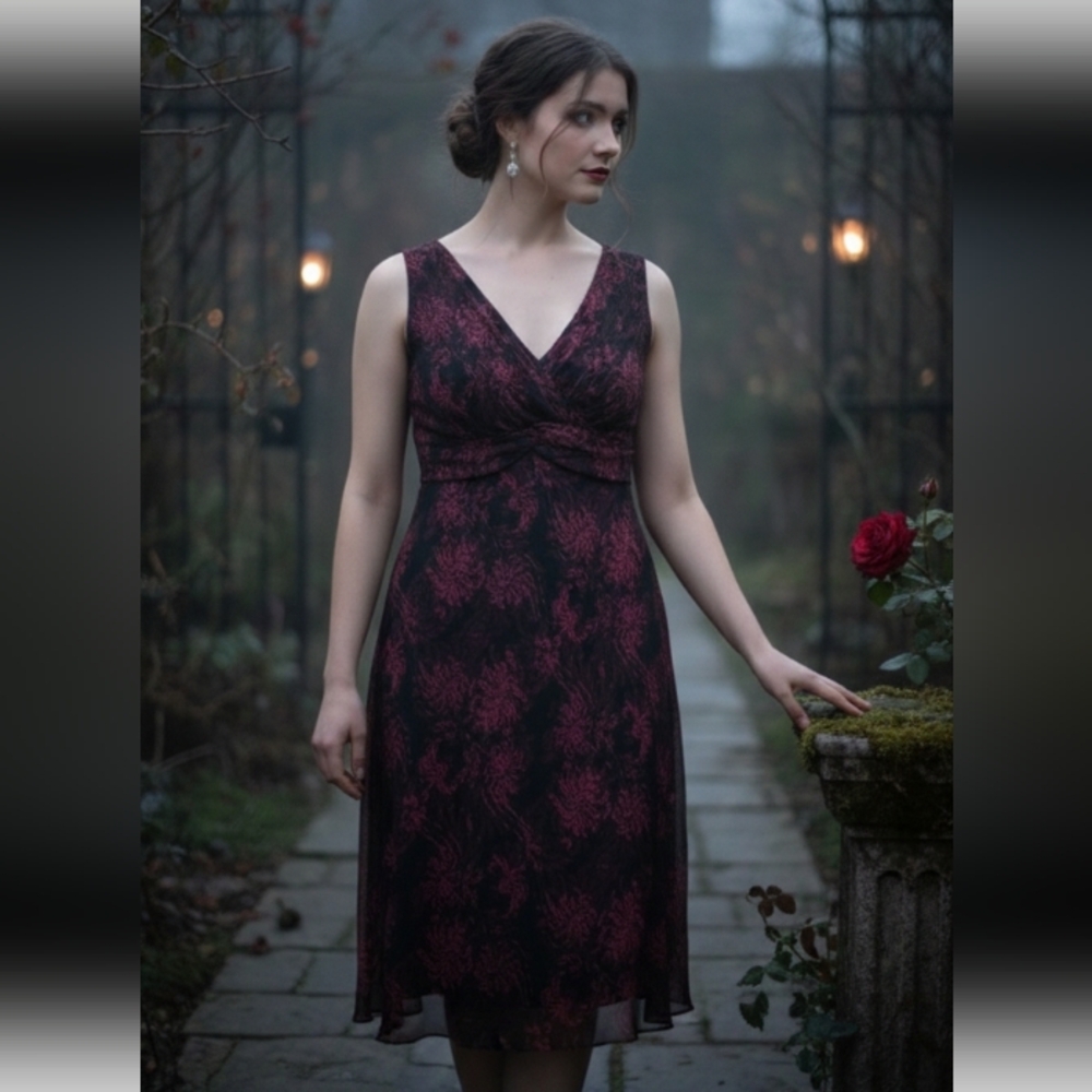 Ann Taylor Womens Whimsigoth Babydoll  Midi Dress 2P Dark Floral Romantic Fairy